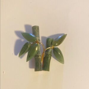 Vintage Gold Tone Jade Pin Bamboo Leaf Brooch